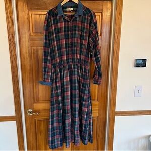 Eddie Bauer Vintage 90s XL TALL Dress plaid Longsleeve Denim Collar Pockets Maxi